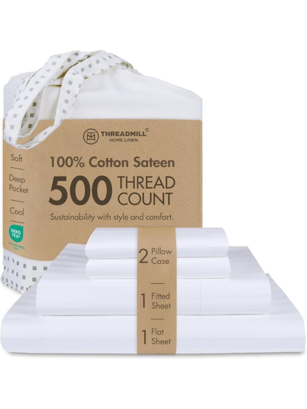 500 Thread Count Cotton Queen Sheet Set - Luxurious Damask Stripe, White Bedding